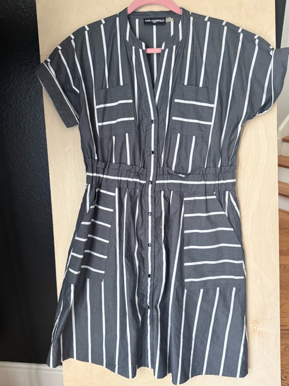 Karl Lagerfeld Charcoal and White Vertical Stripe Shirt Dress